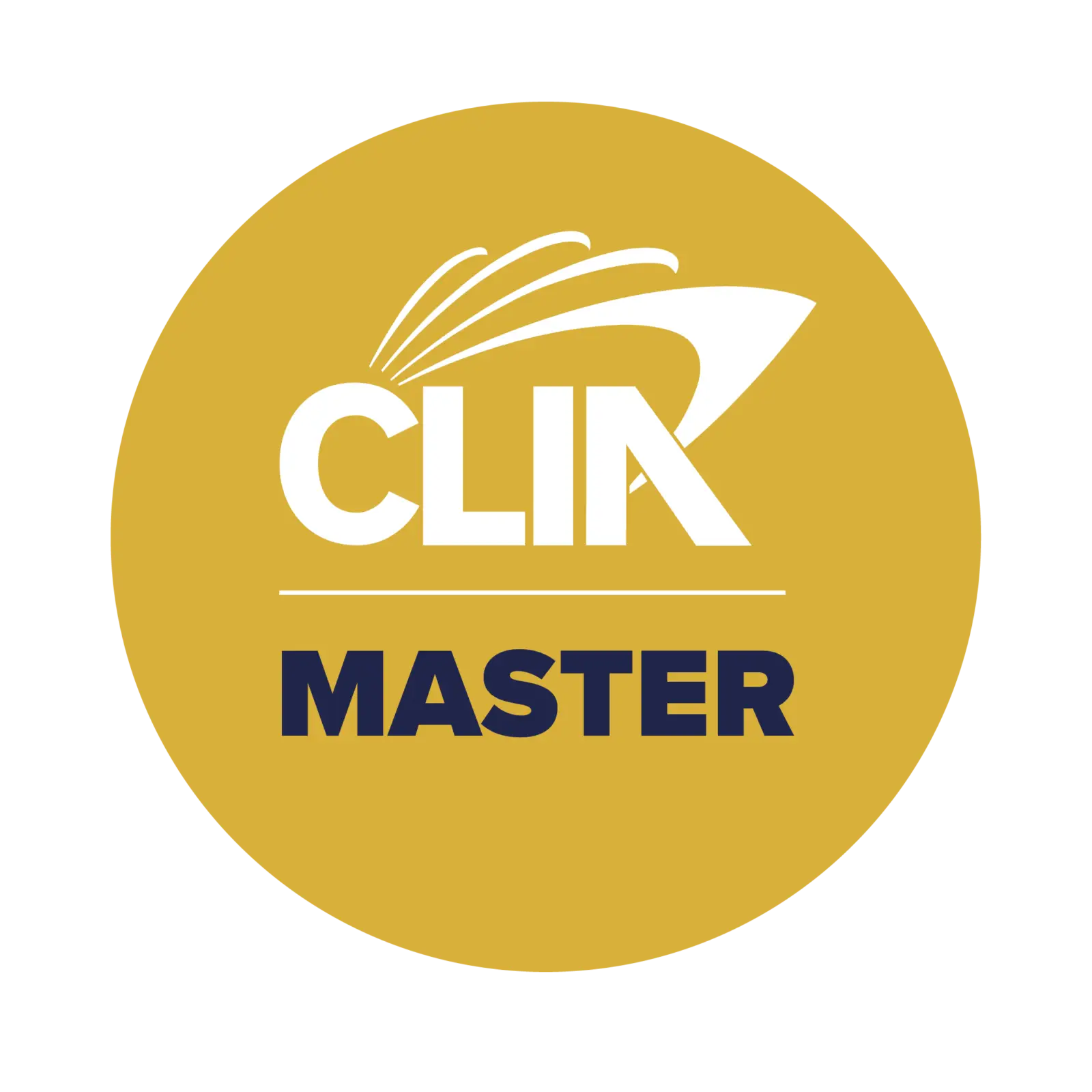 A gold circular badge features a white stylised cruise ship and the text “CLIA” above a line, with the word “MASTER” in bold black letters below, making this badge a mark of achievement.