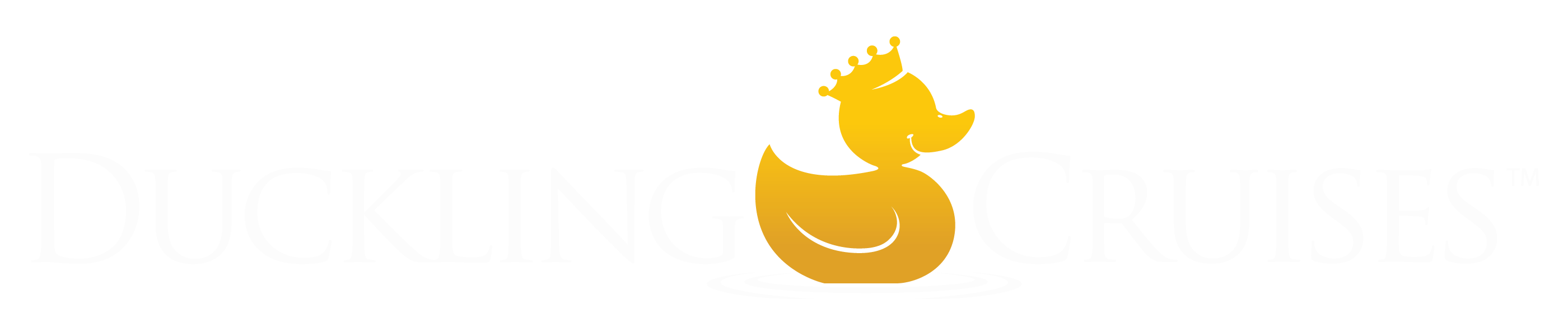 Logo of Duckling Cruises featuring a stylised golden rubber duckling wearing a crown floats on water. The text DUCKLING CRUISES, representing the travel agency, is visible in large letters behind the duckling.