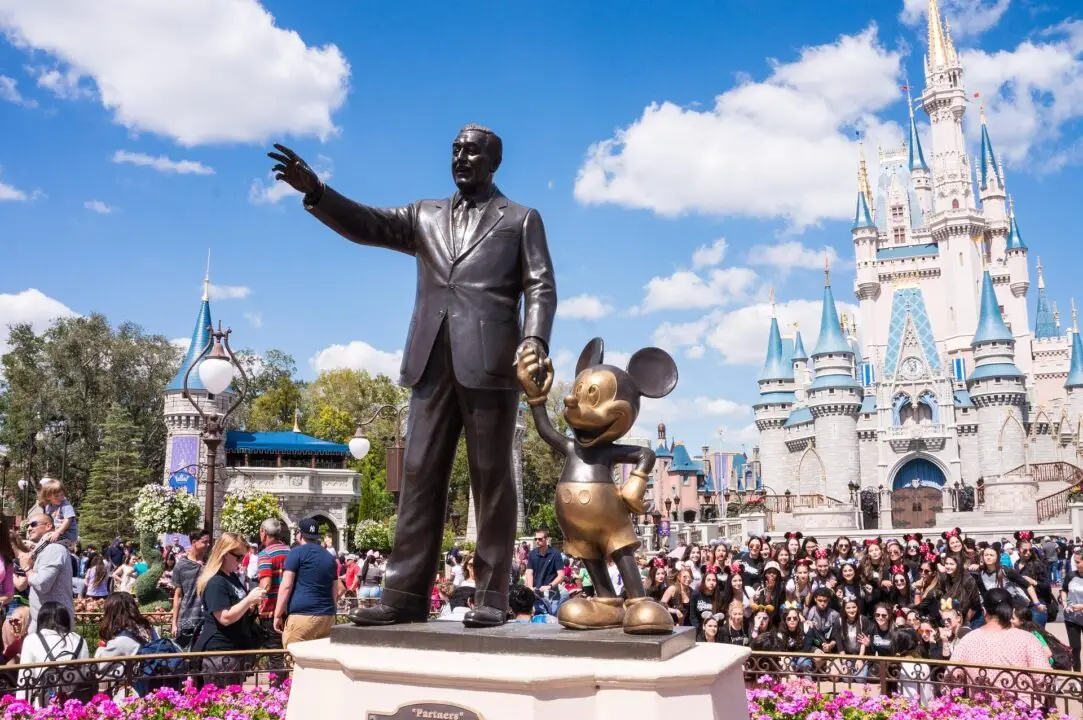 View of the castle, Walt and Mickey mouse at Walt Disney World