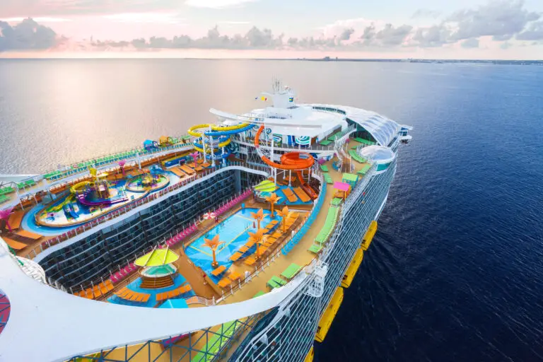 Utopia of the Seas aerial view of the top deck whilst sailing at sea
