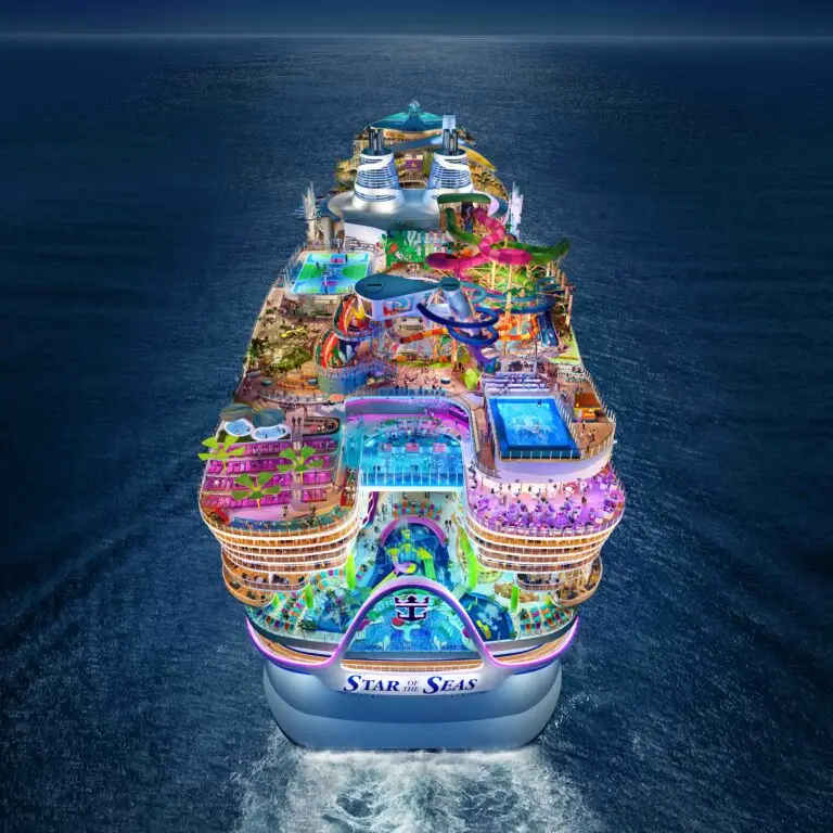 Star of the Seas aerial view of the top deck whilst sailing at night