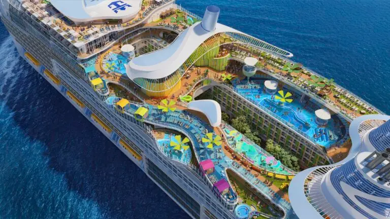 Star of the Seas aerial view of the top deck pools whilst sailing