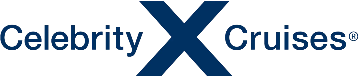 The Celebrity Cruises logo with a blue X in the centre of the image and the words Celebrity on the left and Cruises on the right.