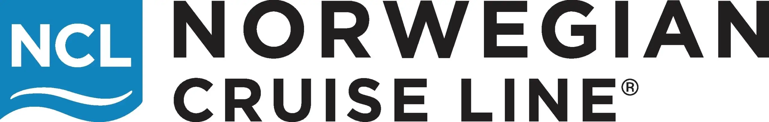 Logo for Norwegian Cruise Line featuring a distinctive blue square logo with NCL and white wave lines on the left, alongside the text NORWEGIAN CRUISE LINE in bold black letters on a white background.