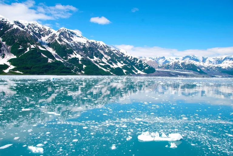 Alaska from the water with ice and mountains in the background