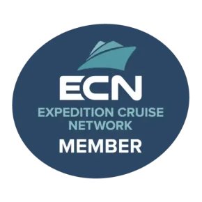 A blue oval logo with a stylised ship above the letters ECN. Below, the words Expedition Cruise Network and Member are written in light blue and white text, highlighting its connection to expedition cruise travel.