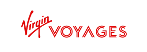 The image displays the Virgin Voyages logo, featuring the word Virgin in red script above VOYAGES in bold red capital letters on a black background.